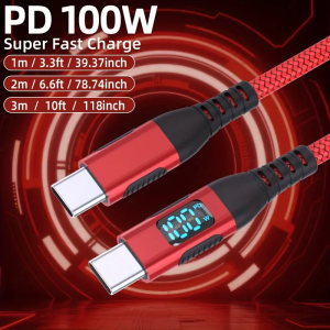 Power Display 100W Type C to Type C Fast Charging Data Cable Nylon Braided High Grade 480Mbps Compatible for iPhone15 16 Samsung