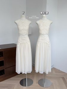 Elegant Sweet Precise Eyelash Lace Top Long Skirt Set Womens Fashion Set round Neck Short Sleeve Overhead Long Pants