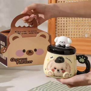 JUSTINLAU Relief Decal Puppy Mug Ceramic Mug Suitable for Couples Breakfast Milk Cup with Cute Puppy Head Lid Coffee Cup Set