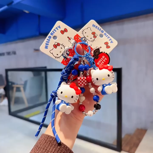 Cute Hello Kitty Beaded Chain Keychain Bracelet Clasp Adjustable Red Blue for Gift for Girl