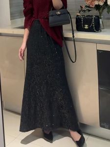 Elegant Sequin Fish Tail Half Skirt Womens High Waist Slimming Versatile Wrap around a Line Long Skirt Korean Style Commute