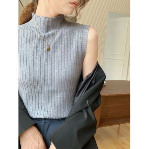 เสื้อชั้นในถักแขนกุดคอสูงครึ่งตัวสำหรับผู้หญิง เสื้อชั้นในถักแบบสวมหัวทรงสลิมฟิต เสื้อกั๊กถักแบบสวมหัวสำหรับฤดูใบไม้ผลิและฤดูใบไม้ร่วง