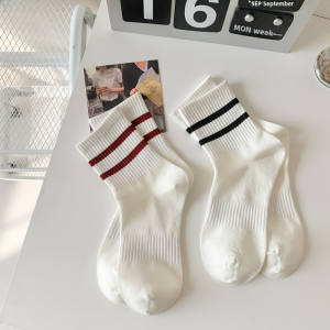 Womens Summer Thin Cotton Stripe Socks White Sports Mid-Calf Spring Autumn Fashion Korean Japanese Versatile Breathable Moisture Wicking