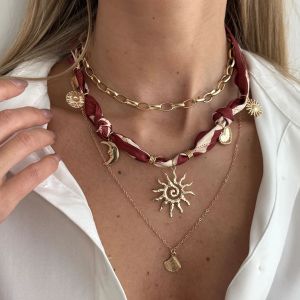 PuRui 3 Pcs/Set Bohemian Gold Color Sun Moon Heart Pendant Necklace Women Fashion Luxury Checkered Scarf Choker Necklace Jewelry