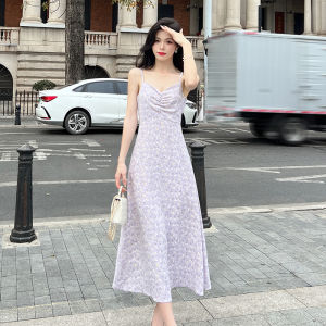 ชุดเดรสยาวปานกลางผ้าชีฟองลายดอกไม้สไตล์ฝรั่งเศส ฤดูร้อน ฤดูใบไม้ร่วง ฤดูใบไม้ผลิ ฤดูหนาว ชุดเดรสชายหาด แขนกุด คอวี