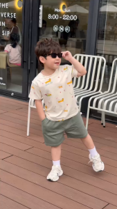 Set bộ tay ngắn cotton bé trai họa tiết in tràn Puppy Good day quần short 9 tới 25kg BERNIE T0326B24