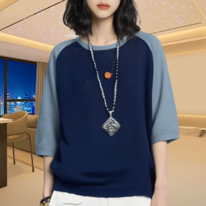 เสื้อถักคอโปโลแขนสั้นสีบล็อกสำหรับผู้หญิง ฤดูร้อน 2025 เสื้อเชิ้ตคอตั้งทรงหลวม แขนยาวปานกลาง สไตล์หวานๆ สำหรับวัยรุ่น