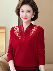 Elegant Embroidered Pure Cashmere Sweater for Women Red Autumn Winter Large Size Mommy Knitwear Warm Fleece Loose Fit