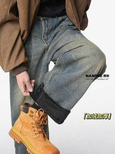 Mens Fleece Lined Bootcut Jeans mid Waist Washed Casual Thickened Straight Leg Warm Winter Fashion Youth Popular Cotton Denim