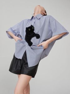 XIAODADEHUA | Cat Embroidery Short Sleeve Shirt Female