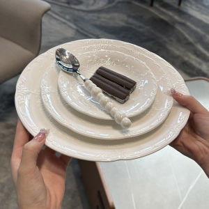 Luxurious French Vintage Embossed Ceramic Plate Heavy Work Western Dinner Dessert Pasta Boss Lady Personal Use Nordic Style