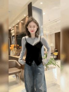 French Style Slim Fit Velvet T-Shirt round Neck Long Sleeve Fake Two-Piece Design Sensation Womens Fashionable Base Shirt