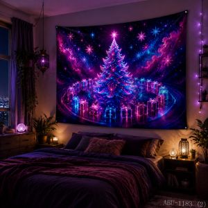 VIKAMA Neon Purple Blue Tree Forest Snowflake Mountain Path Winter Christmas Tapestry Bedroom Living Room Dorm Home Decor Bold