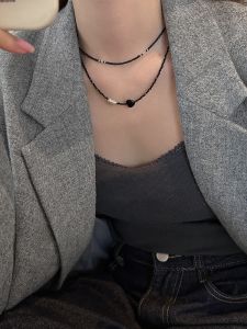 สีดำ สร้อยคอจี้หัวใจลูกปัดผู้หญิงหรูหรา Dainty Layering เสื้อสเวตเตอร์ โซ่ Lockbone CHAIN แฟชั่นเครื่องประดับอุปกรณ์เสริม