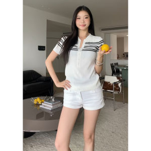 YUEZHONGWEI | Áo thun tay ngắn dệt kim Ice Silk ôm vừa vặn phong cách Mỹ mùa hè cổ polo sọc màu tương phản màu trắng cho nữ