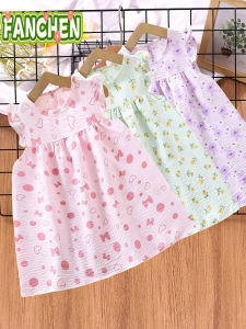 Summer Cotton Blend Vest Dress for Baby Girls Cute Print A-Line Skirt Breathable Moisture Wicking Machine Washable Cool Feeling
