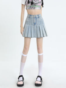 Váy Ngắn Xếp Ly Denim Mỏng Cạp Cao Cho Nữ Mùa Hè 2023 Váy Ngắn Xếp Ly Cotton Pha Polyester Pha Lanh Màu Trơn Phong Cách Hàn Quốc