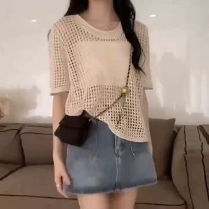 CORE Hollow Top Women Short Sleeve Knitted Shirt Loose Round Neck Ice Silk Unique Mesh Blouse