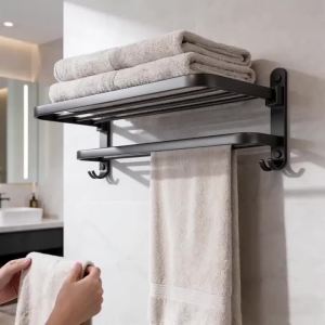 Minimalist Black Aluminum Double Layer Towel Rack Drill/No-Drill Mount with Side Hooks Wall Mounted Bathroom Towel Holder & S