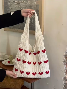 Women Sweet Love Knit Shoulder Bag Large Capacity Tote Bag Casual Handbag Beach Shopping Travel Bag For Ladies
