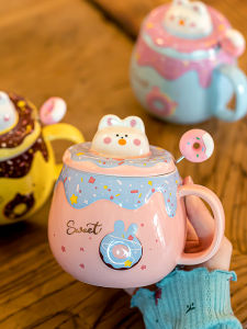 Cute Rabbit Ceramic Mugs with Lid Spoon for Women High Aesthetic Value Childrens Water Cups New 2022 Home Use Large Capacity