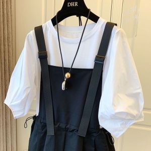 Spring Summer 2024 New Style Salt System Bubble Sleeve Two Piece Set Workwear Dress High Waist round Neck Polyester Blend