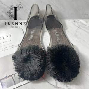 Sepatu Flatshoes Wanita Motif Kaca Jelly Import Slop Bening Pom-Pom 186-2M