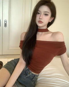 GUZILIAN | Sweet One-Shoulder Sash T-Shirt Slimming Gathered Korean Style Design Summer Top For Pear Shaped Women Commute Simple Style