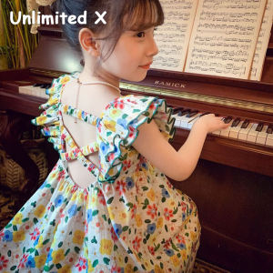 X ไม่จำกัดชุดเดรสลายดอกไม้ของเด็กผู้หญิงชุดเดรสเข้ารูปแขนเล็กๆเปิดหลังสำหรับเด็กผู้หญิงชุดเจ้าหญิงฤดูร้อน