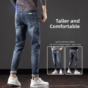 ROMON | Romon Mens Slim Fit Jeans Casual Elastic Korean Style Spring Summer New Fashion Breathable Comfortable Cotton Blend Trousers