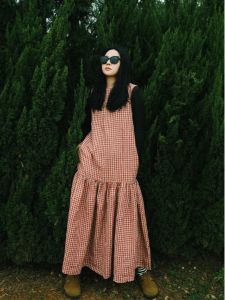 Vintage Red Plaid Sleeveless Vest Long Dress Womens Loose Splicing Pleated Skirt Japanese Style Casual Spring Summer Dress