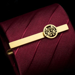 Wedding Happiness Character Tie Clip Mens Clip High-end Formal Simple Hollow out Gold Business Suit Lapel Pin Gift Box Set