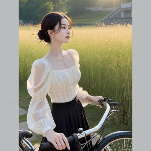 Elegant White Shirt French Vintage Top High Waist Illusion Set 2024 Autumn Ladylike Commute Style Straight Cut Long Sleeve
