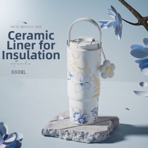 Large Aesthetic Straw Thermos Ceramic Lining