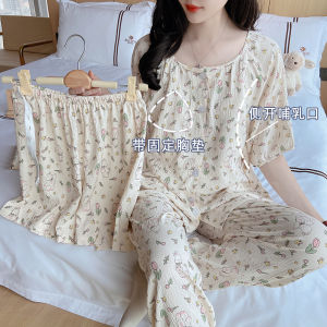 Cloud Cotton Confinement Clothing Summer Short Sleeve Postpartum Nursing Homewear Three-Piece Thin Pregnant Women Pajamas with Chest Pad