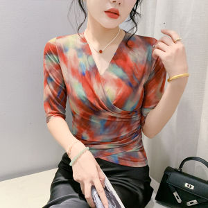 REHIN เสื้อผู้หญิงคอวีแบบตาข่ายแขน3/4เสื้อเสื้อซับในแบบสวมหัวสไตล์ใหม่