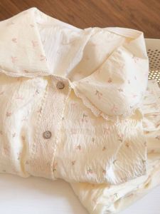 Korean Style Floral Print Sleepwear Casual Long Sleeve Doll Collar Open Cardigan Long Pants Home Clothes for Women Spring Autumn