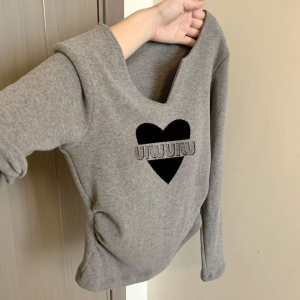 Áo Thun Tay Dài Màu Xám Cổ Chữ V Lót Lông Cừu Ngắn Mùa Thu Đông Ấm Áp Cổ Điển Thường Ngày in Họa Tiết Thời Trang