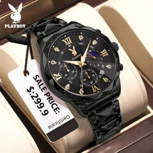 【PLAYBOY แบรนด์แท้】นาฬิกาผู้ชาย นาฬิกาควอตซ์แฟชั่น กันน้ำ มีไฟเรืองแสง สไตล์ธุรกิจ สายสแตนเลสสีดำ แบบหลายฟังก์ชัน