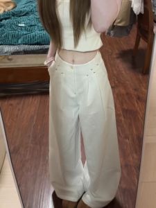 Quần Ống Rộng Màu Trắng Cạp Cao Phong Cách Mỹ Cho Nữ Mùa Hè Mới Rộng Rãi Quần Dài Ống Đứng Quần Dài Thường Ngày Thời Trang