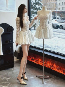 CHANGTONG | Feminine Lace Dress Waist-Cinching Skirt