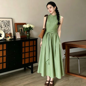 QINWEIYU | Green Stripe Tie-back Sleeveless Stylish Dress
