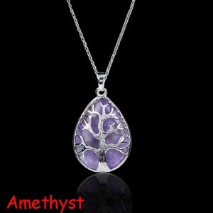 Tree of Life Natural Gemtone Crystal Amethyst Rose Quartz Tiger Eye Stone Water Drop Pendant Necklace for Women Men Jewelry