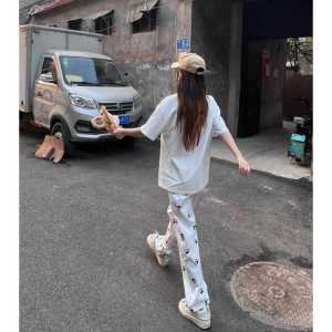 Quần Ống Rộng Dài Màu Trắng Thường Ngày Dành Cho Nữ Quần Dài Đến Sàn Họa Tiết Móng Chân Chó Quần Ống Rộng Cạp Cao Dáng Rộng