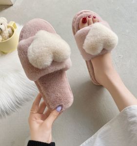 Girls Heart Shaped Plush Slippers Comfortable Soft Bottom Autumn Winter Indoor Outdoor Cotton Slippers Sweet Style Flat Heel