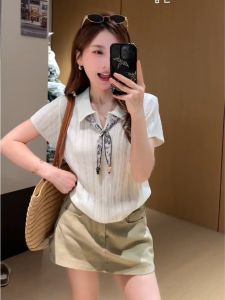 YUEZHONGWEI | French Style Silk Scarf Tied Hollow Collar Fitted Short Sleeve T-Shirt