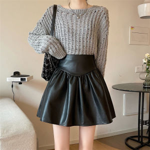 High-Waist A-Line Skirt for Plus Size Women PU Leather Tummy Control Patchwork Shirting Zippered Short Length Korean Style