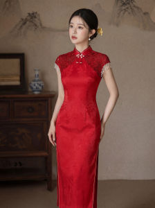 Wedding and Banquet Red Lace Short Sleeve Cheongsam Dress