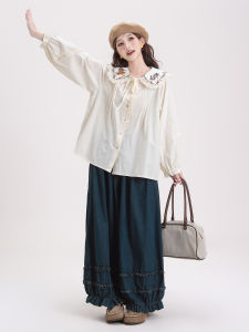 SHANGWEILUO | Áo Blouse Thêu Hoạt Hình Ren Thanh Lịch Dễ Thương