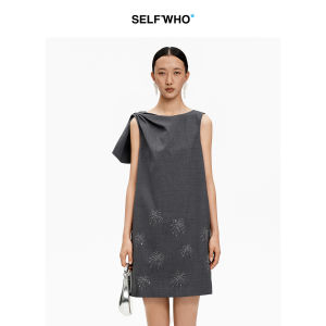 Merino Wool Blend Sleeveless Swing Hem Vest Dress with Firework Embroidery